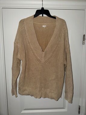 aerie Oversized Deep V-Neck Chunky Knit Sweater - Tan